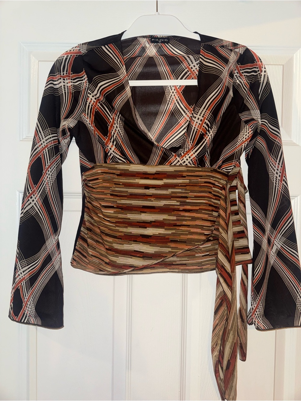 FANG Vintage Black Mesh Wrap Blouse with Rust and Cream Stripe Accents